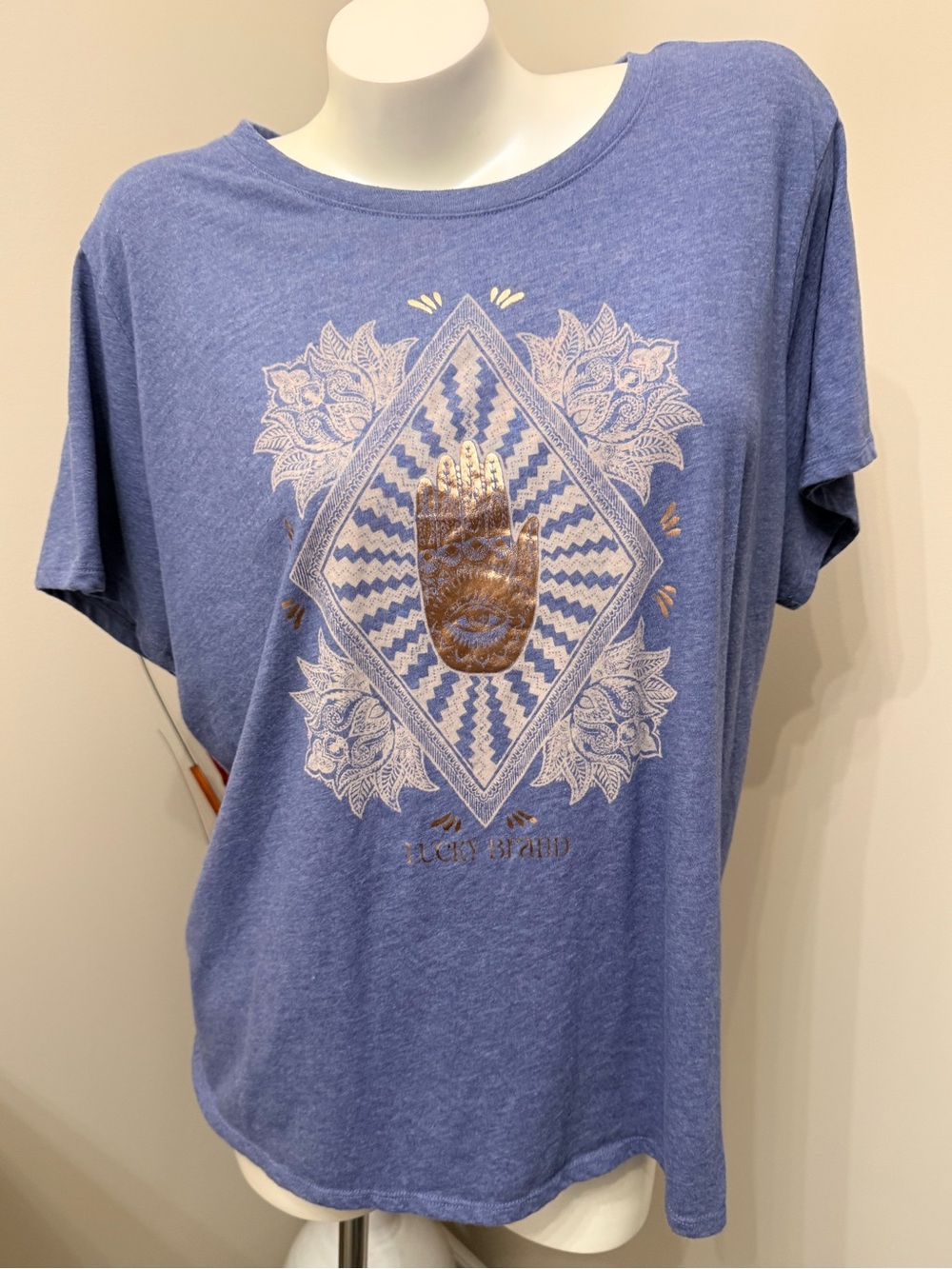 Lucky Brand Womens XXL Blue Hamsa Evil Eye Metallic Graphic Tee Short Sleeve